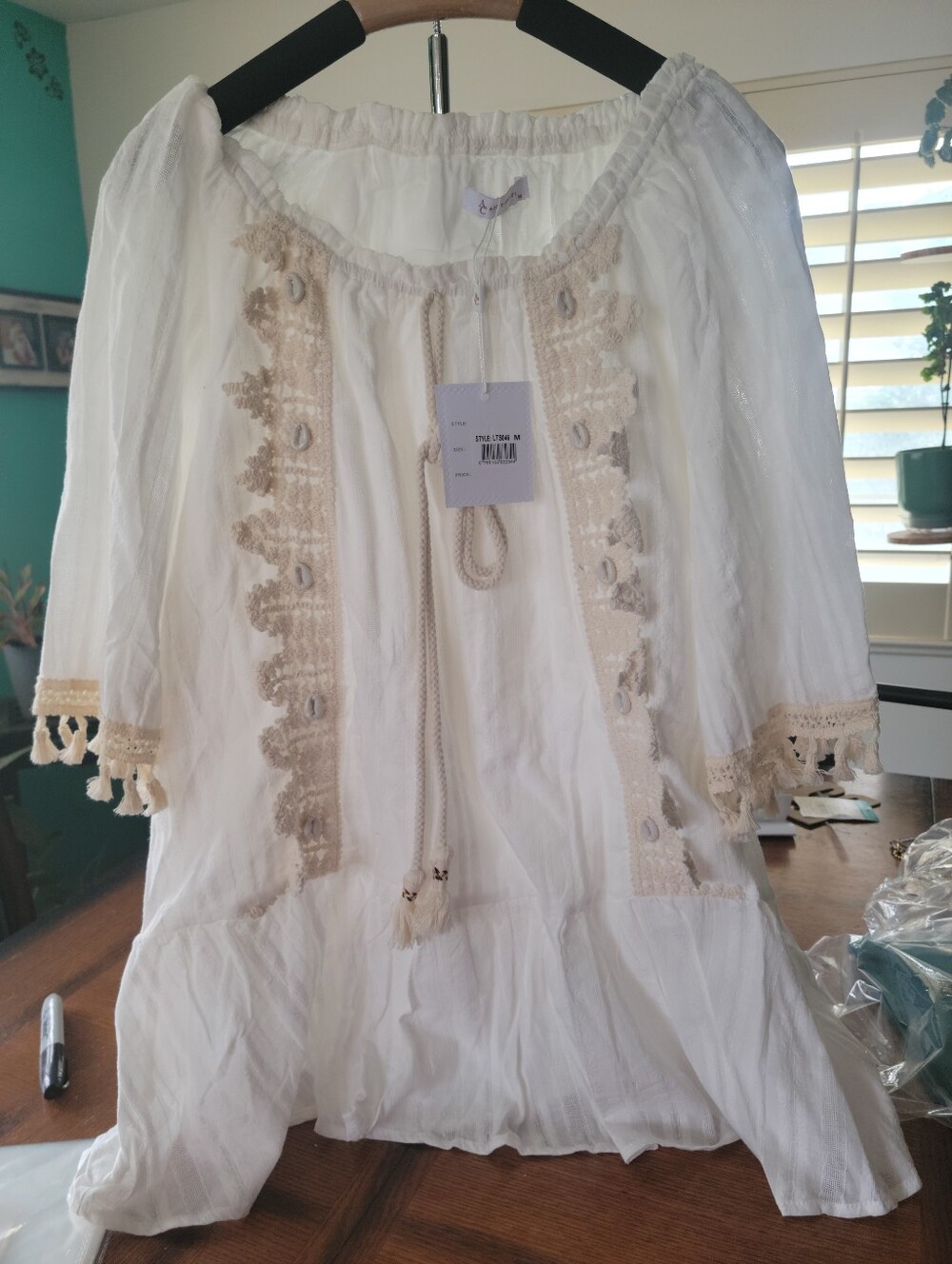 White Boho Embroidered Dress with Beige Trim